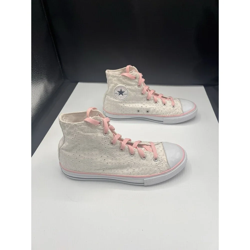 Converse Chuck Taylor Eyelet High Top Sneakers Youth 5 Women’s 7 Pink/White EUC